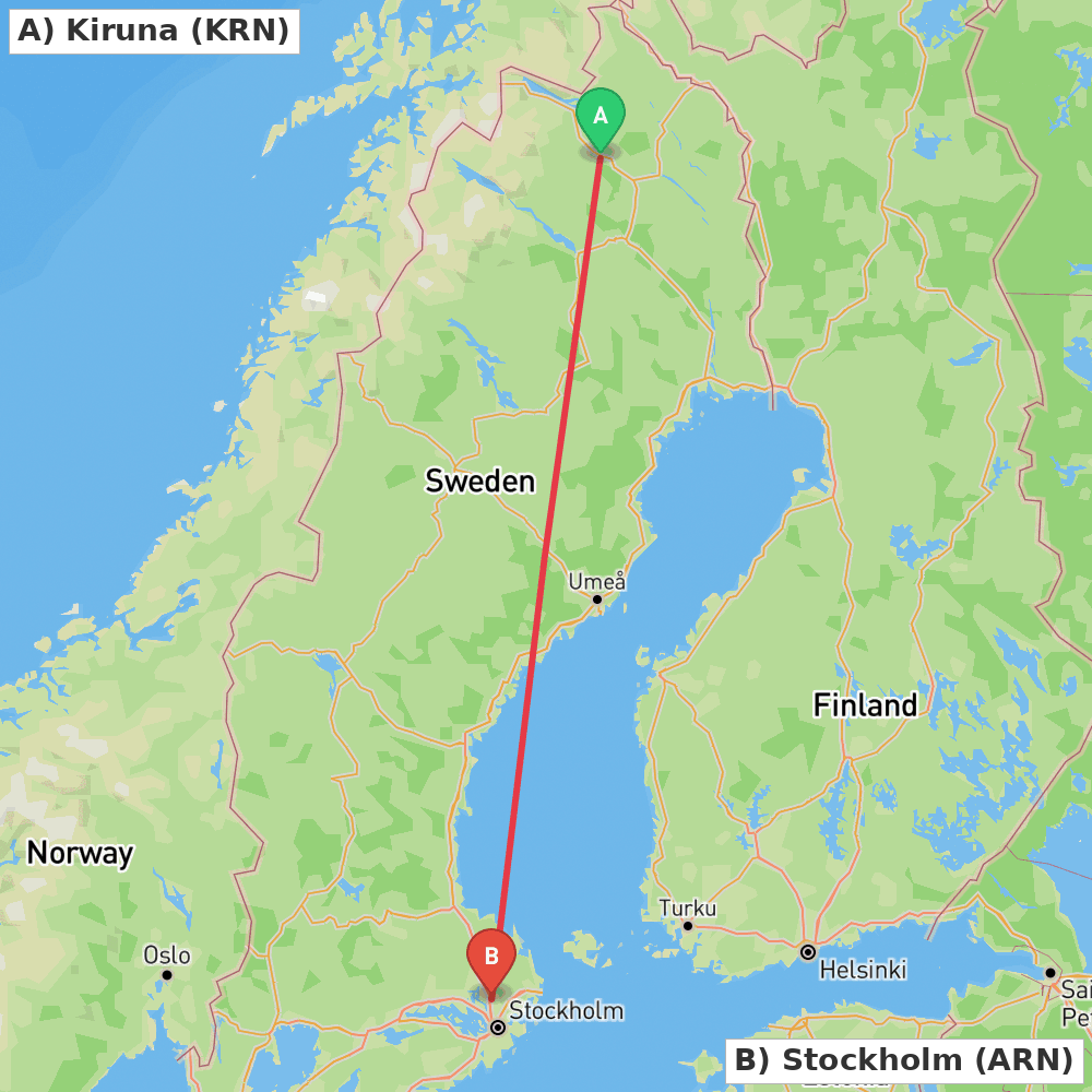 Flight route map from Kiruna to Stockholm