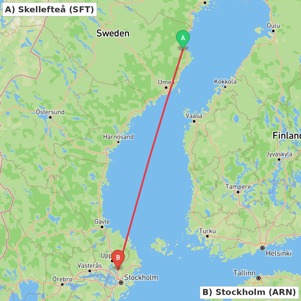 Flight route map from Skellefteå to Stockholm
