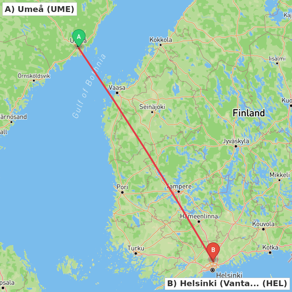 Flight route map from Umeå to Helsinki (Vantaa)