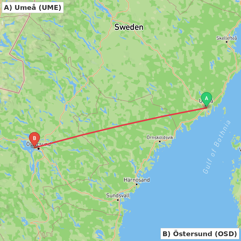 Flight route map from Umeå to Östersund