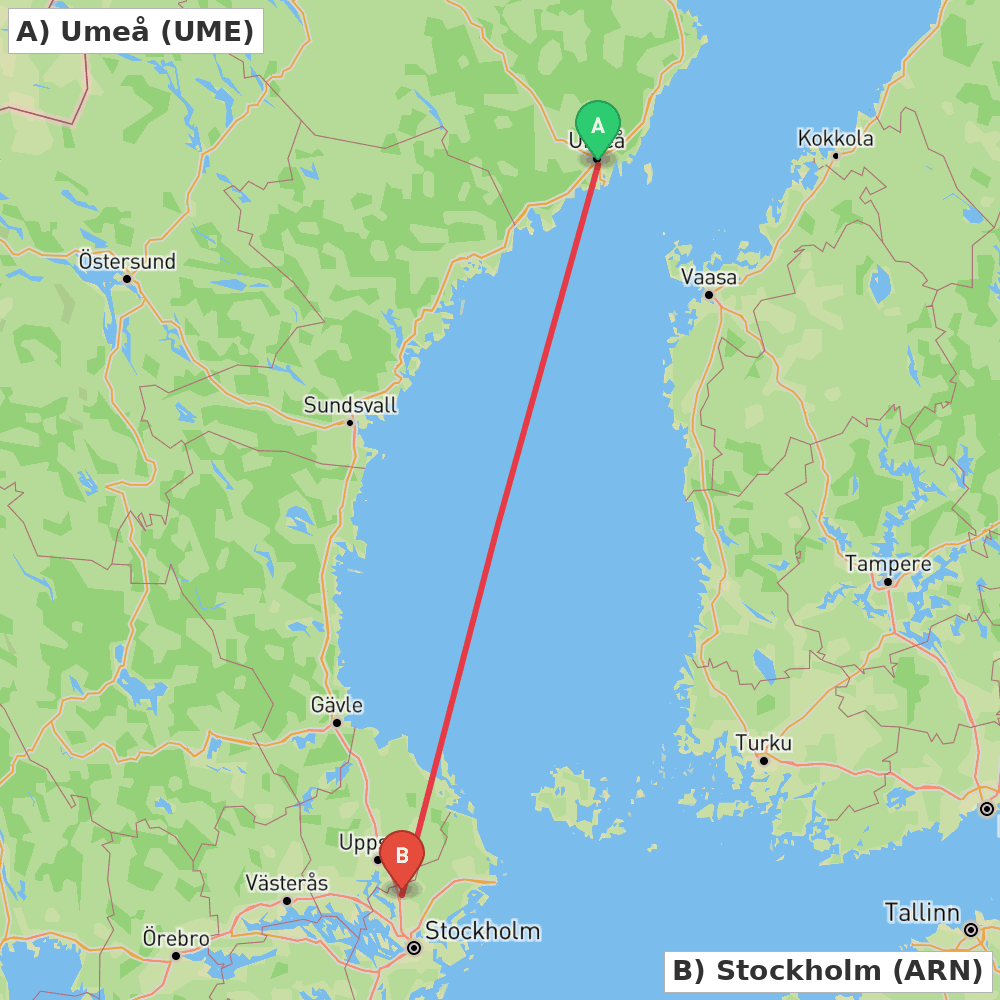 Flight route map from Umeå to Stockholm