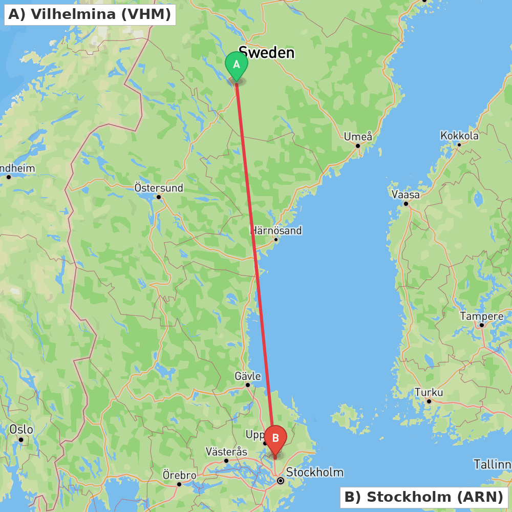 Flight route map from Vilhelmina to Stockholm