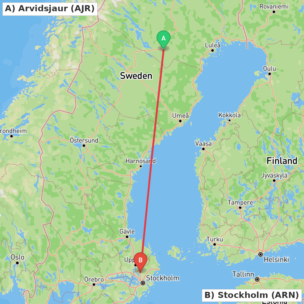 Flight route map from Arvidsjaur to Stockholm