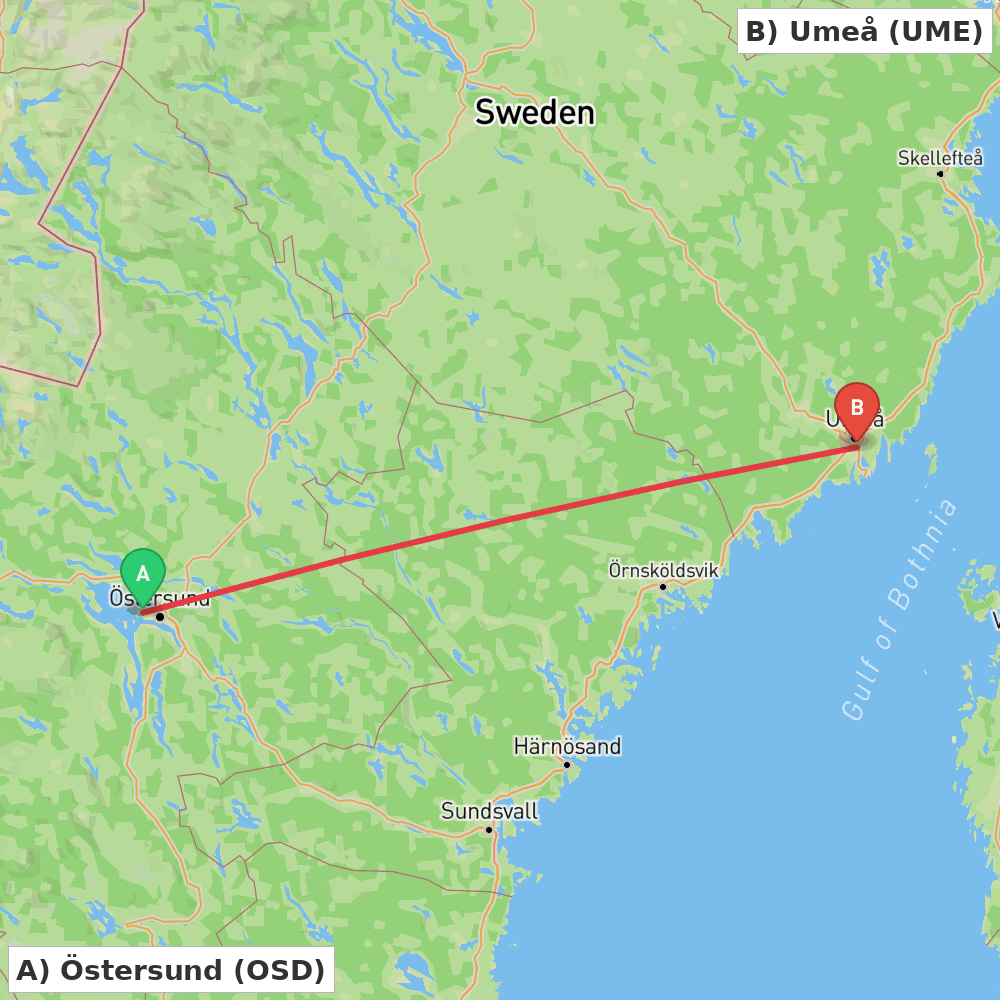 Flight route map from Östersund to Umeå