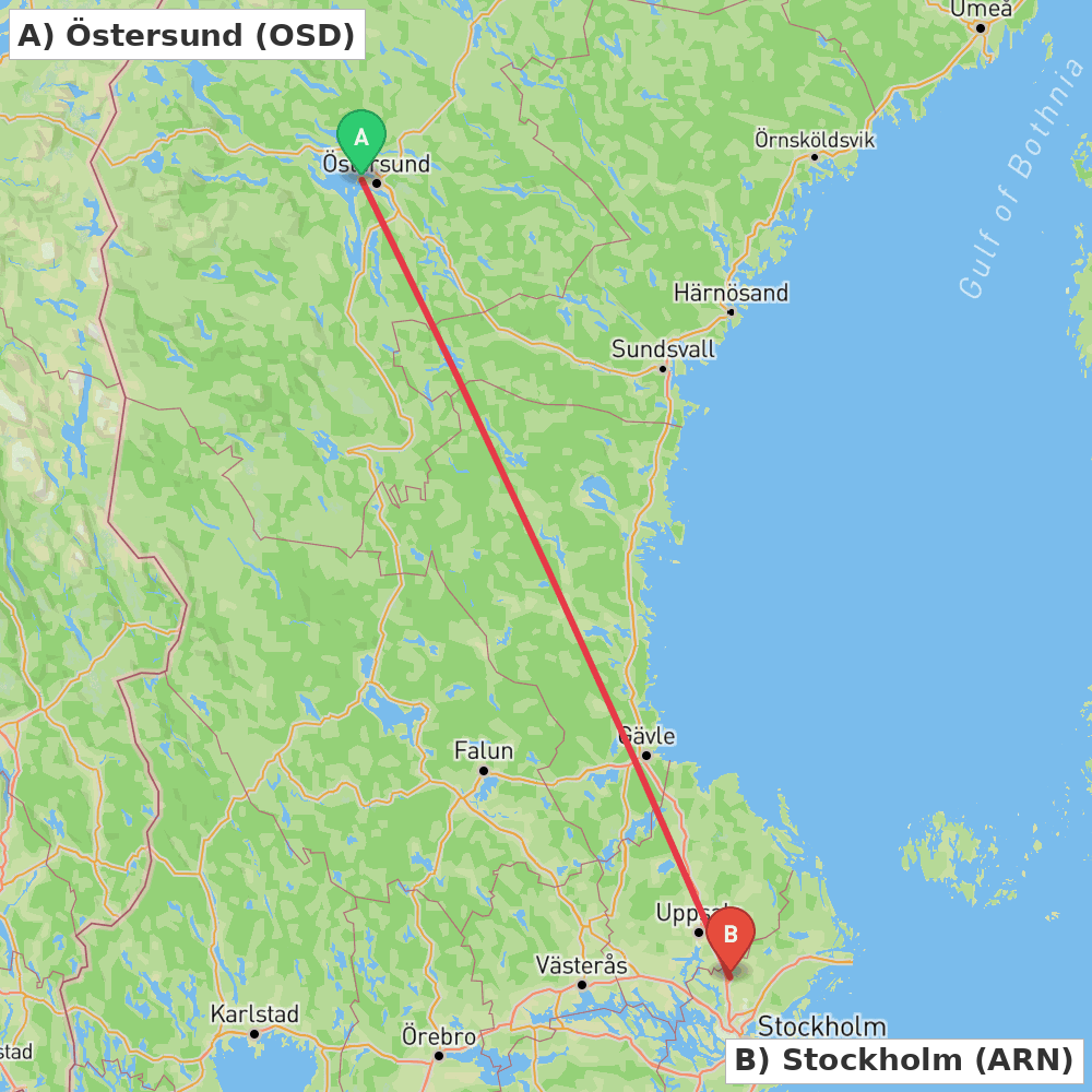 Flight route map from Östersund to Stockholm