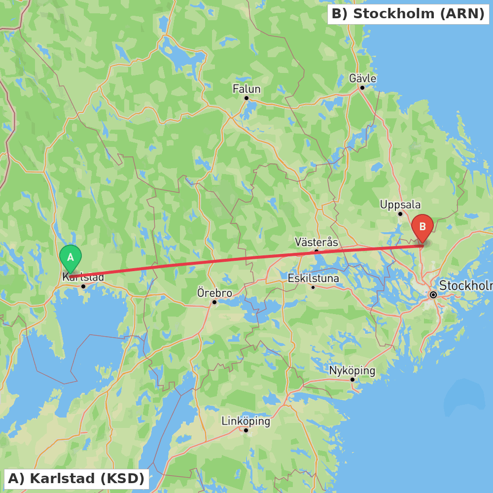 Flight route map from Karlstad to Stockholm