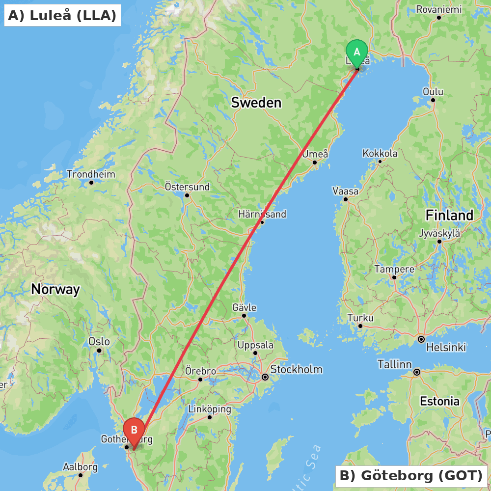 Flight route map from Luleå to Göteborg