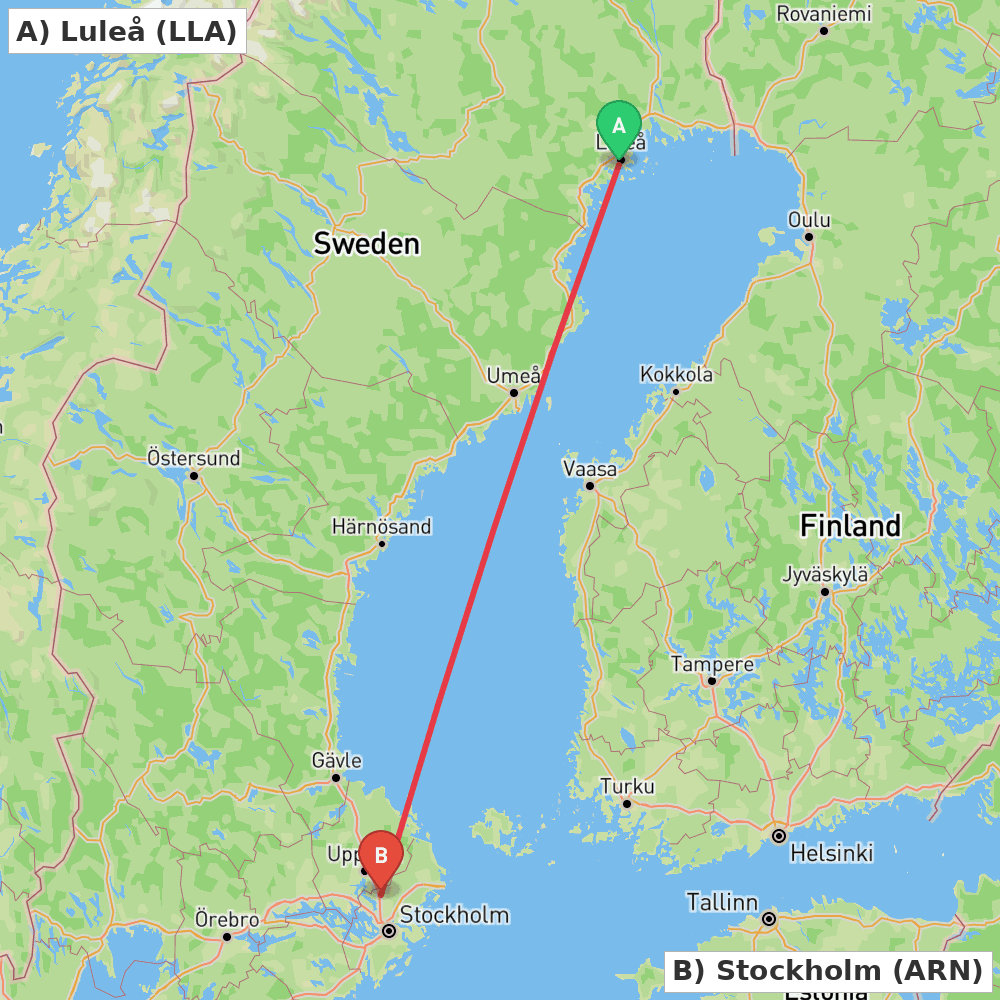 Flight route map from Luleå to Stockholm