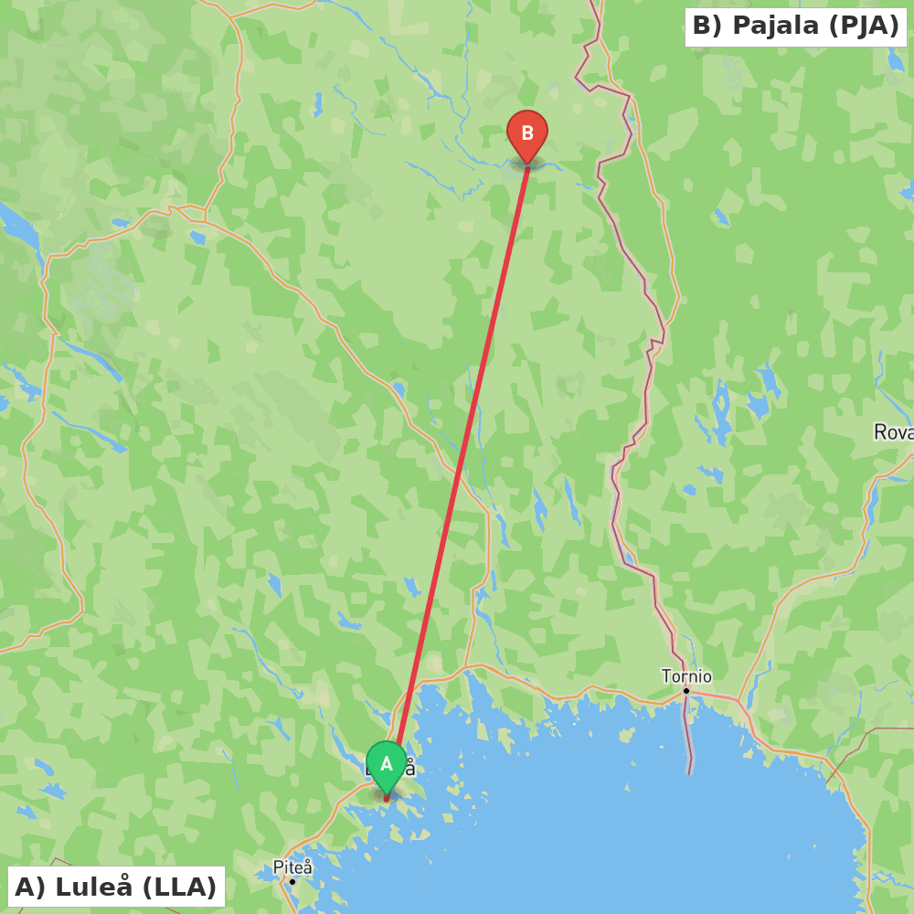 Flight route map from Luleå to Pajala