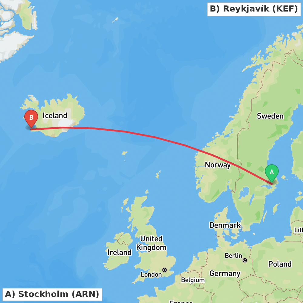 Flight route map from Stockholm to Reykjavík
