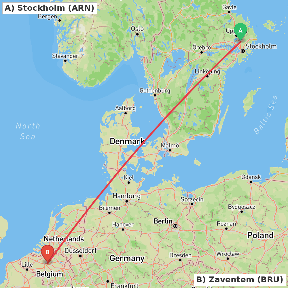 Flight route map from Stockholm to Zaventem