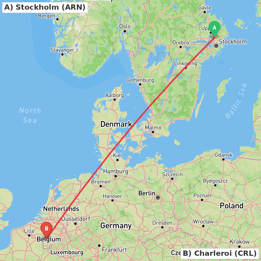 Flight route map from Stockholm to Charleroi