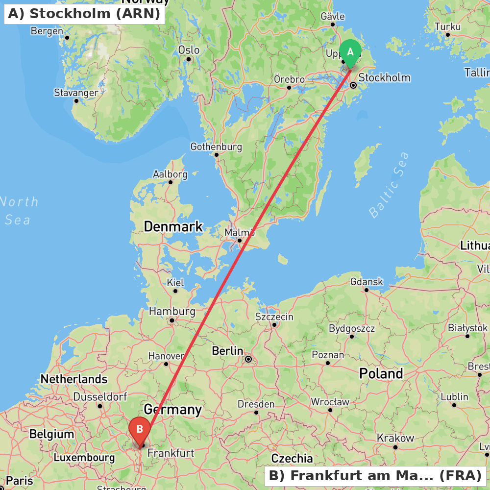 Flight route map from Stockholm to Frankfurt am Main