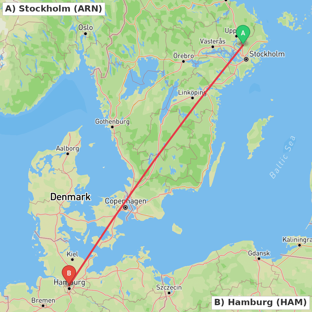 Flight route map from Stockholm to Hamburg