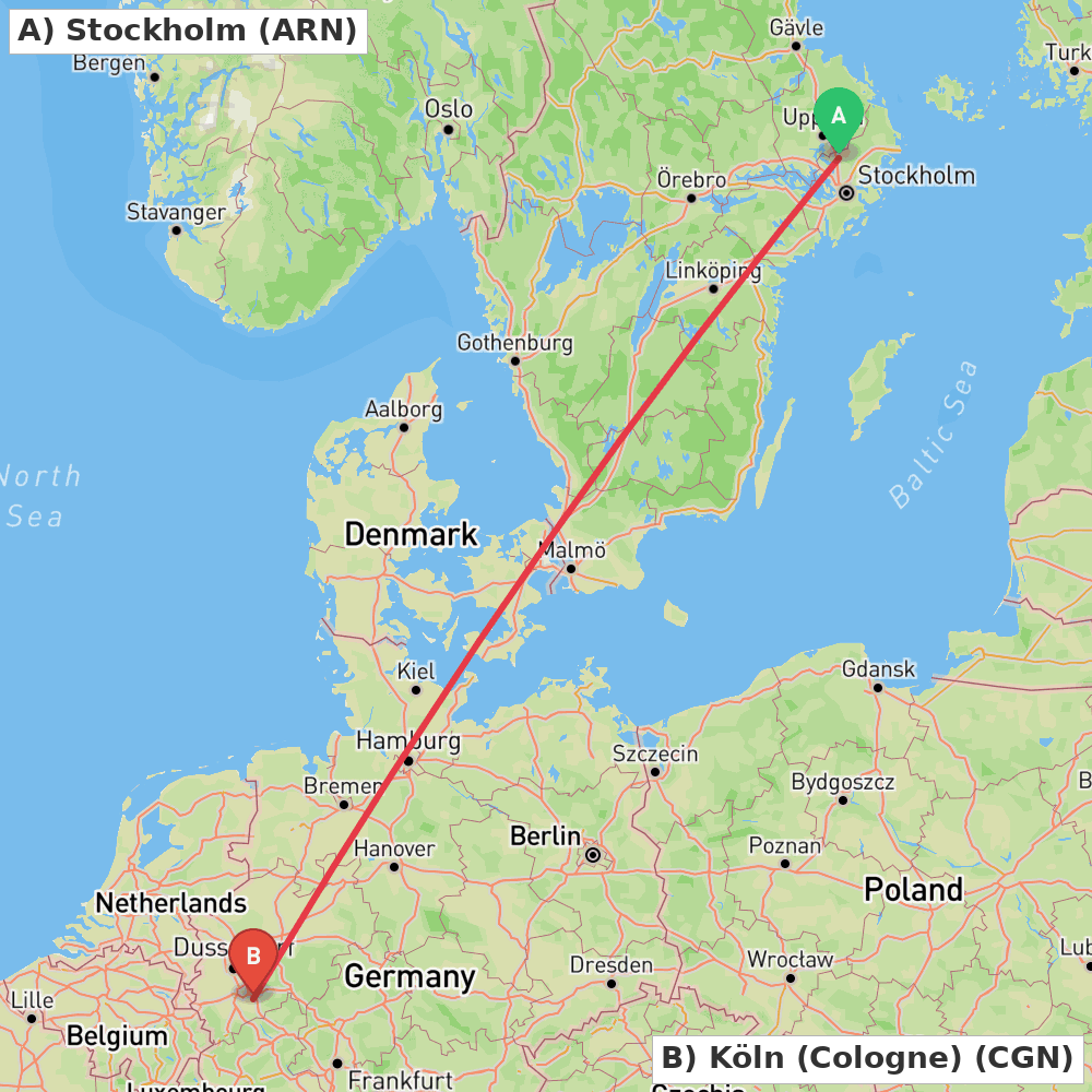 Flight route map from Stockholm to Köln (Cologne)