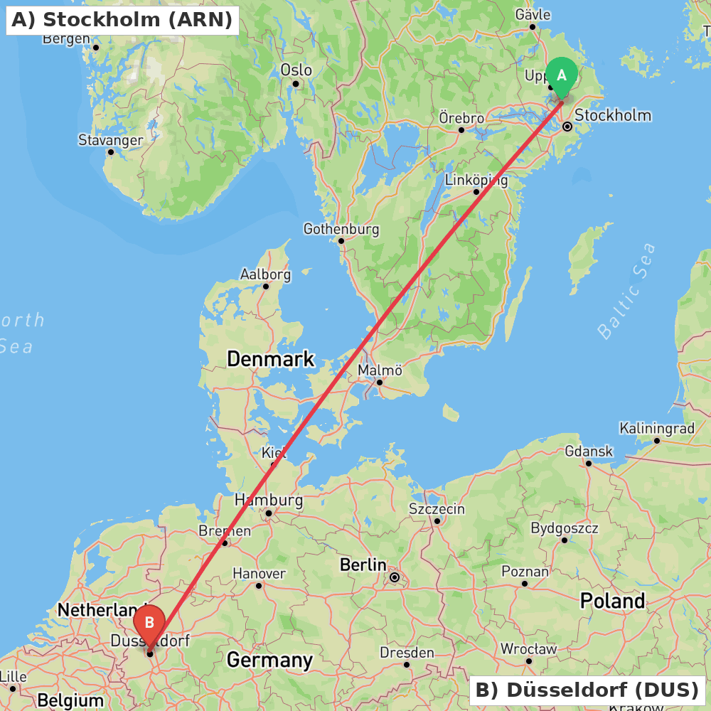 Flight route map from Stockholm to Düsseldorf