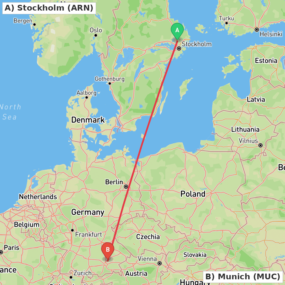 Flight route map from Stockholm to Munich