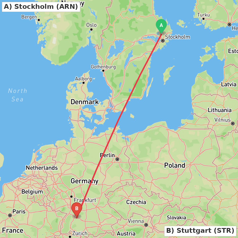 Flight route map from Stockholm to Stuttgart