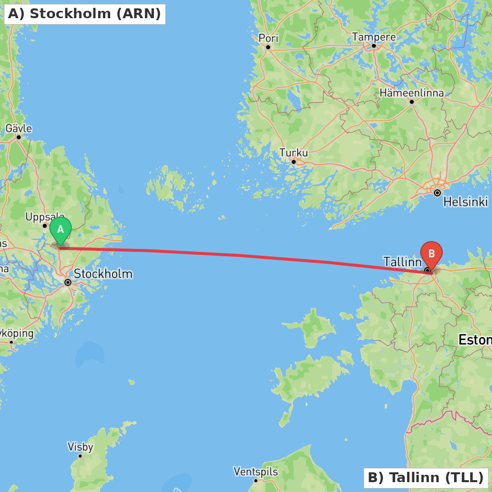 Flight route map from Stockholm to Tallinn