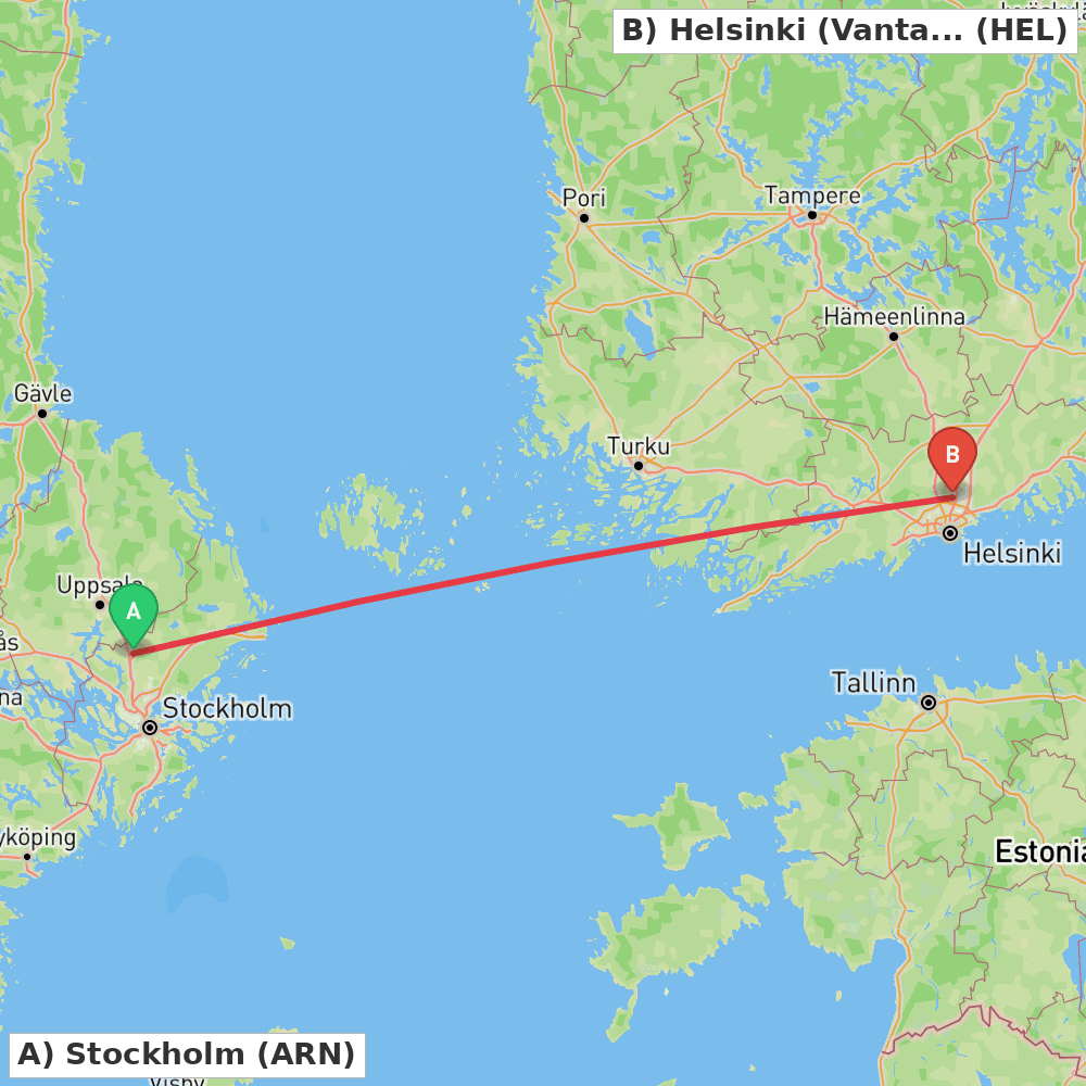 Flight route map from Stockholm to Helsinki (Vantaa)