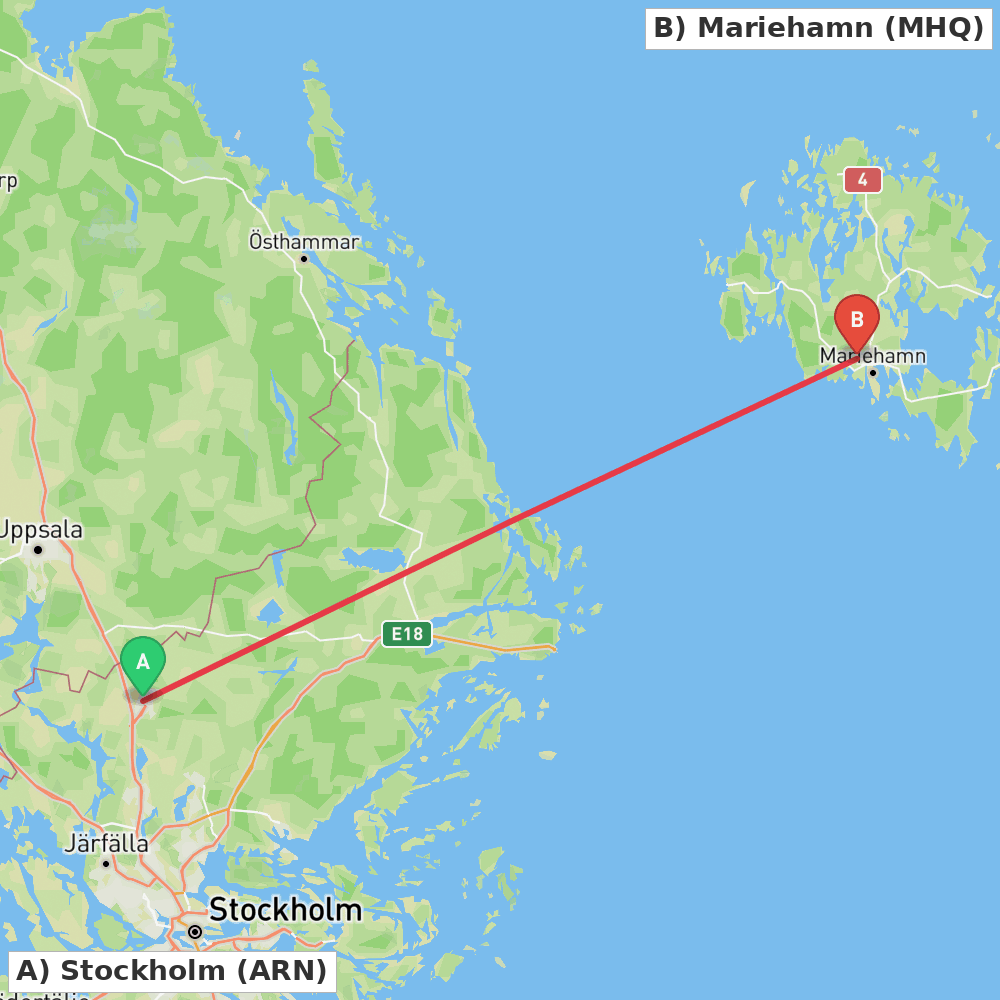 Flight route map from Stockholm to Mariehamn