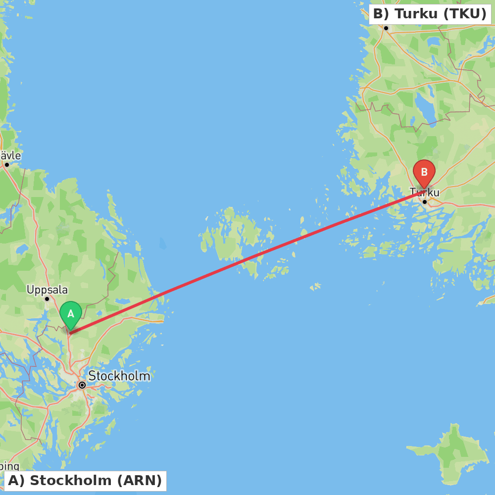 Flight route map from Stockholm to Turku