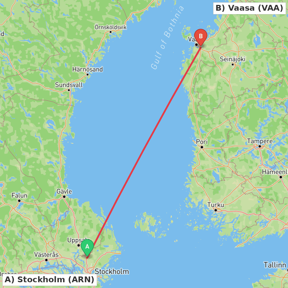 Flight route map from Stockholm to Vaasa
