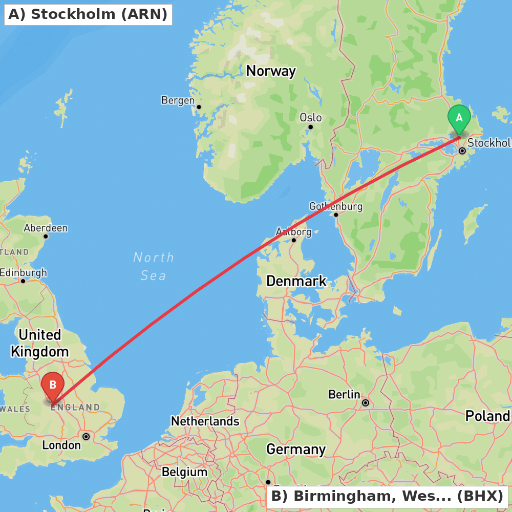 Flight route map from Stockholm to Birmingham, West Midlands