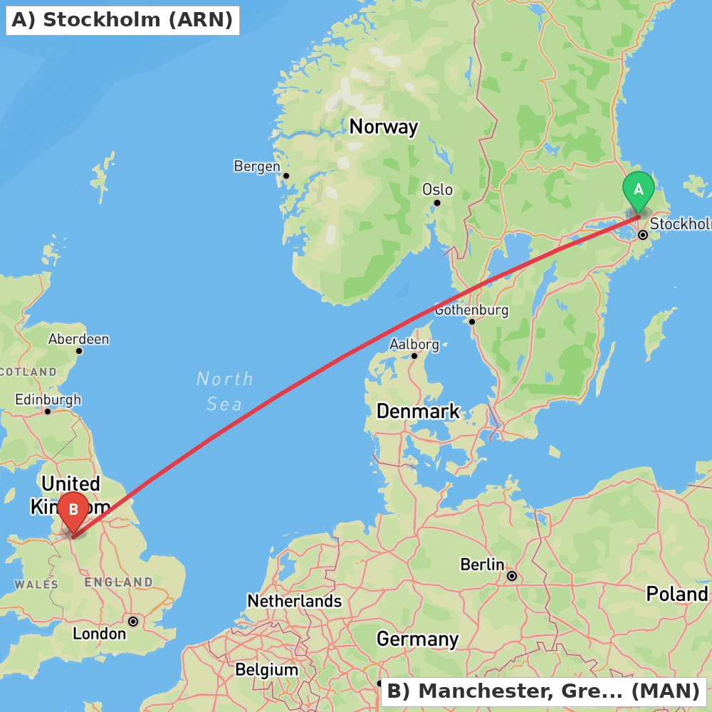 Flight route map from Stockholm to Manchester, Greater Manchester