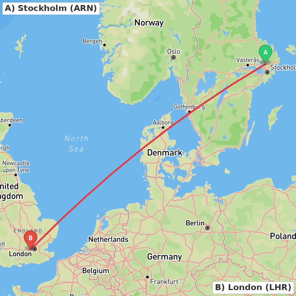 Flight route map from Stockholm to London