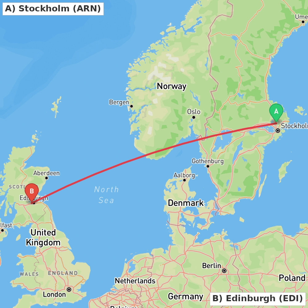 Flight route map from Stockholm to Edinburgh