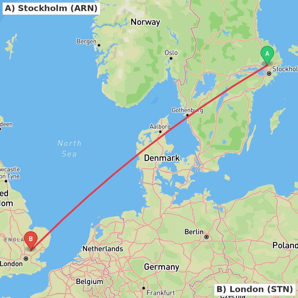 Flight route map from Stockholm to London