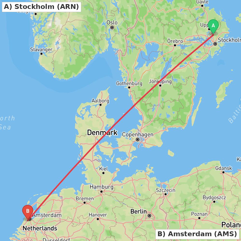 Flight route map from Stockholm to Amsterdam
