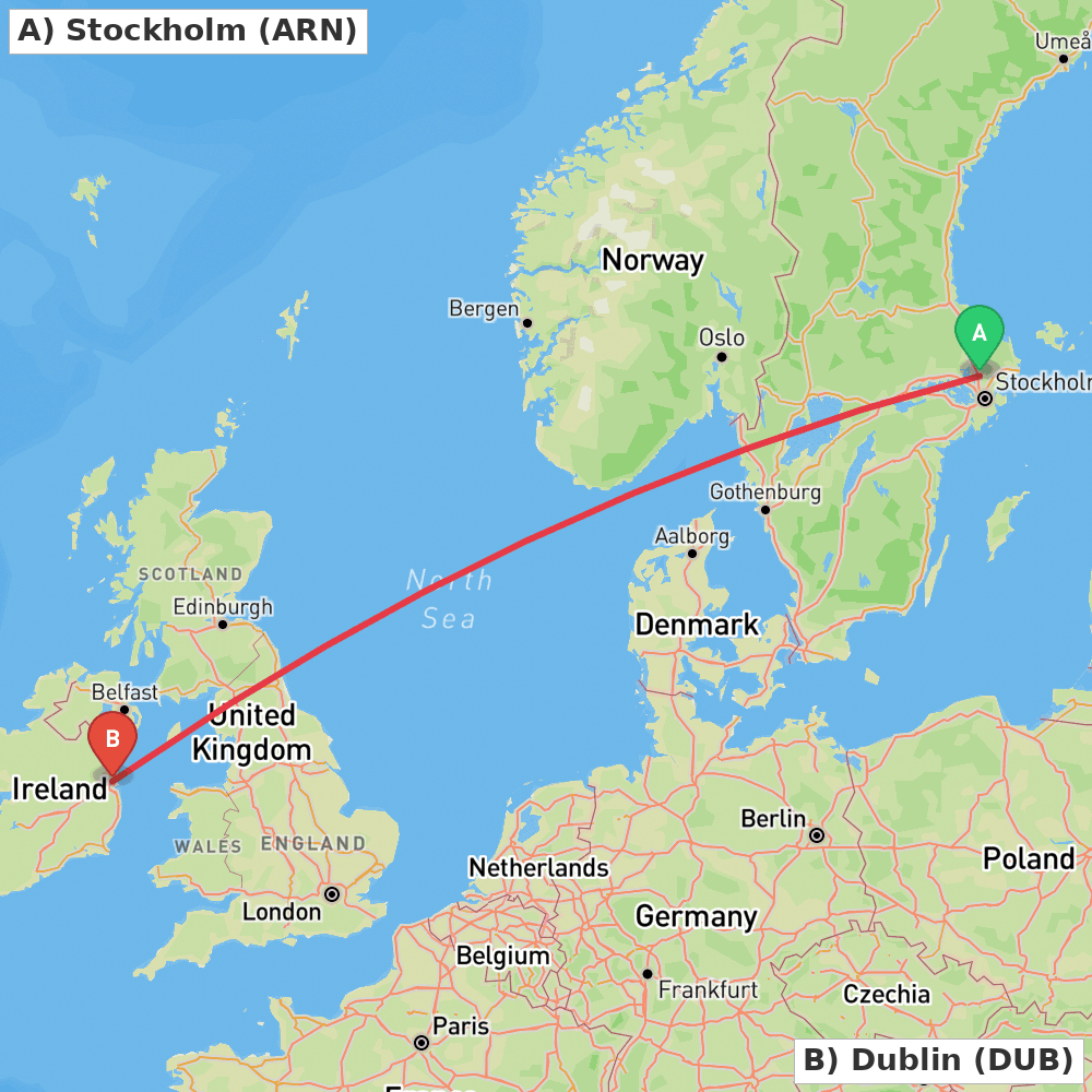Flight route map from Stockholm to Dublin