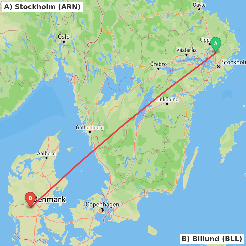 Flight route map from Stockholm to Billund