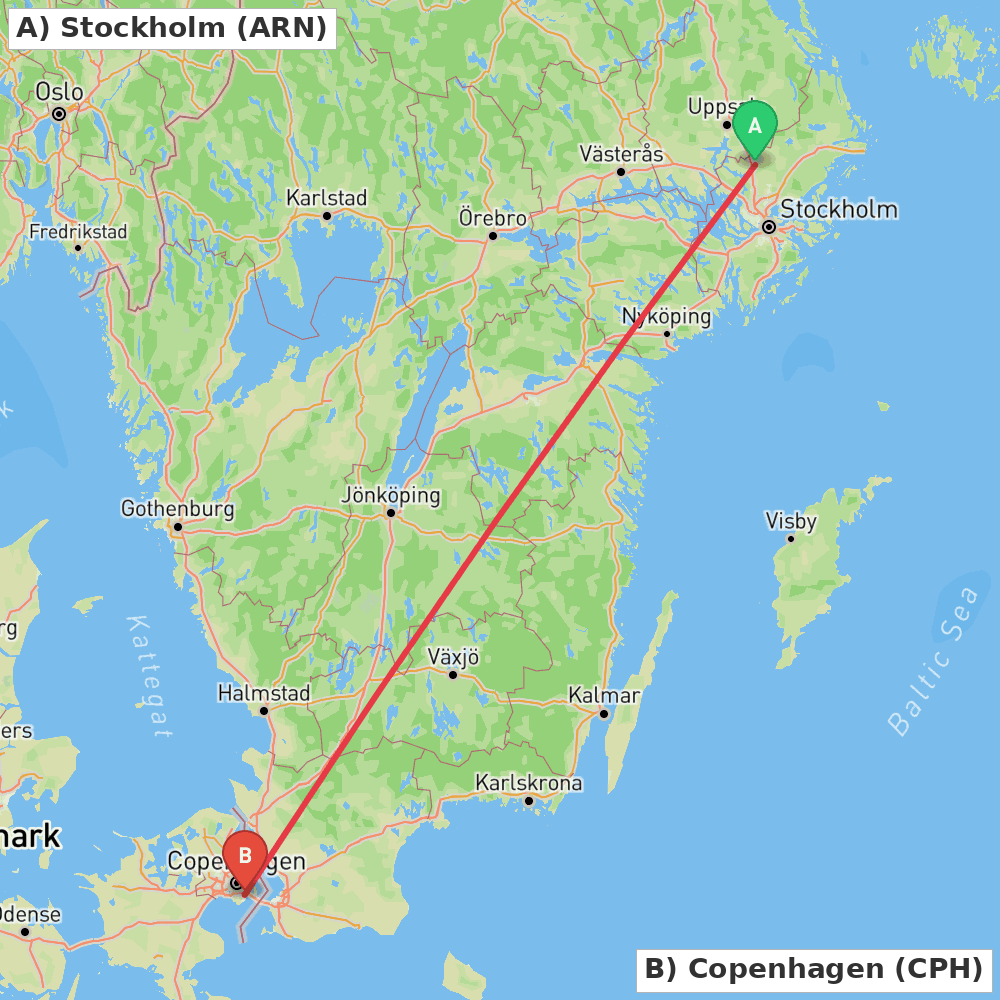 Flight route map from Stockholm to Copenhagen