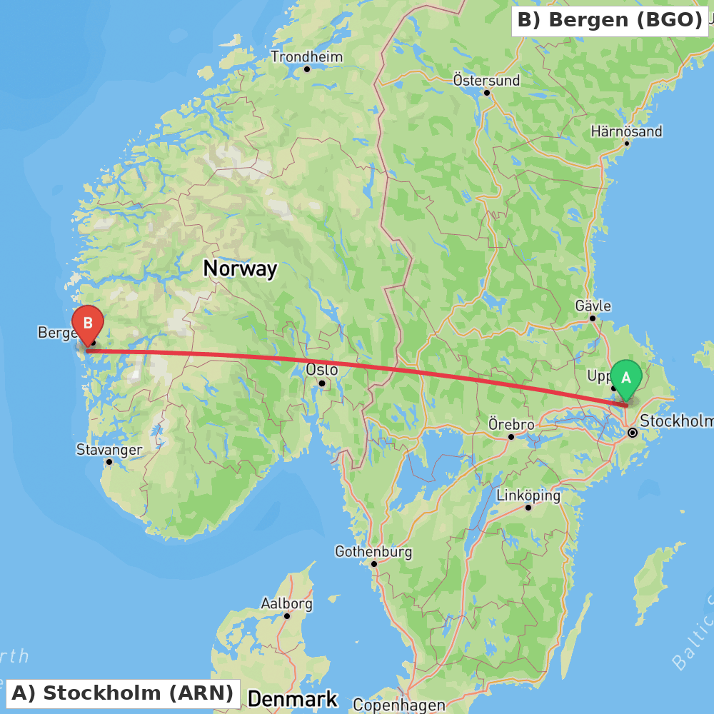 Flight route map from Stockholm to Bergen