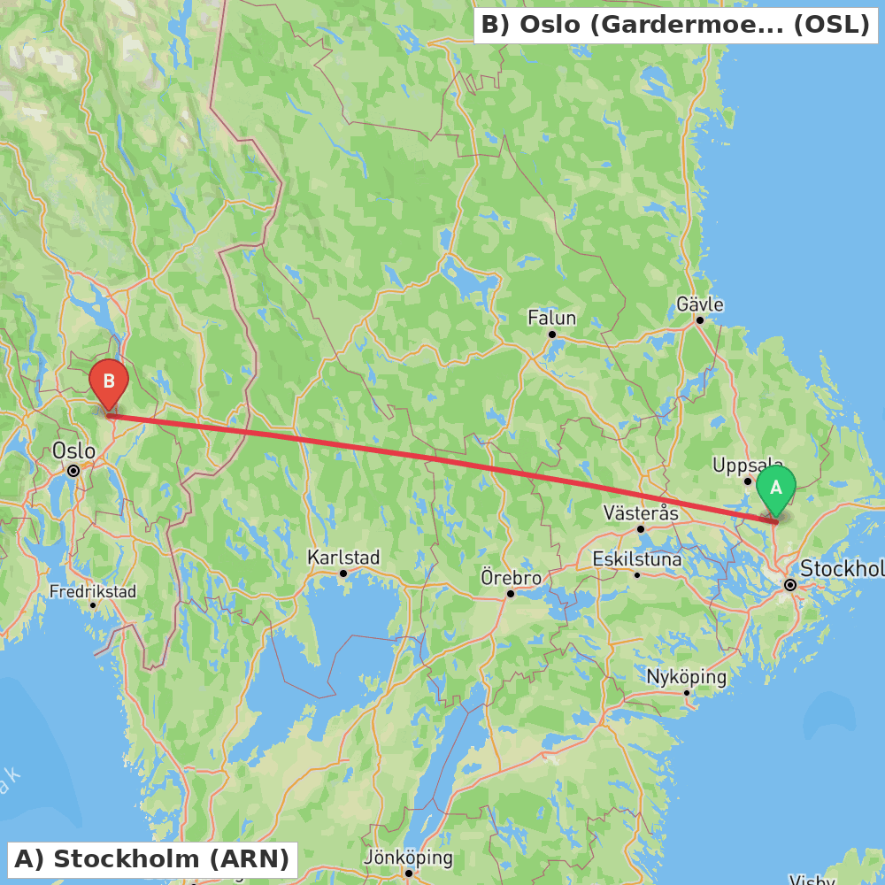 Flight route map from Stockholm to Oslo (Gardermoen)