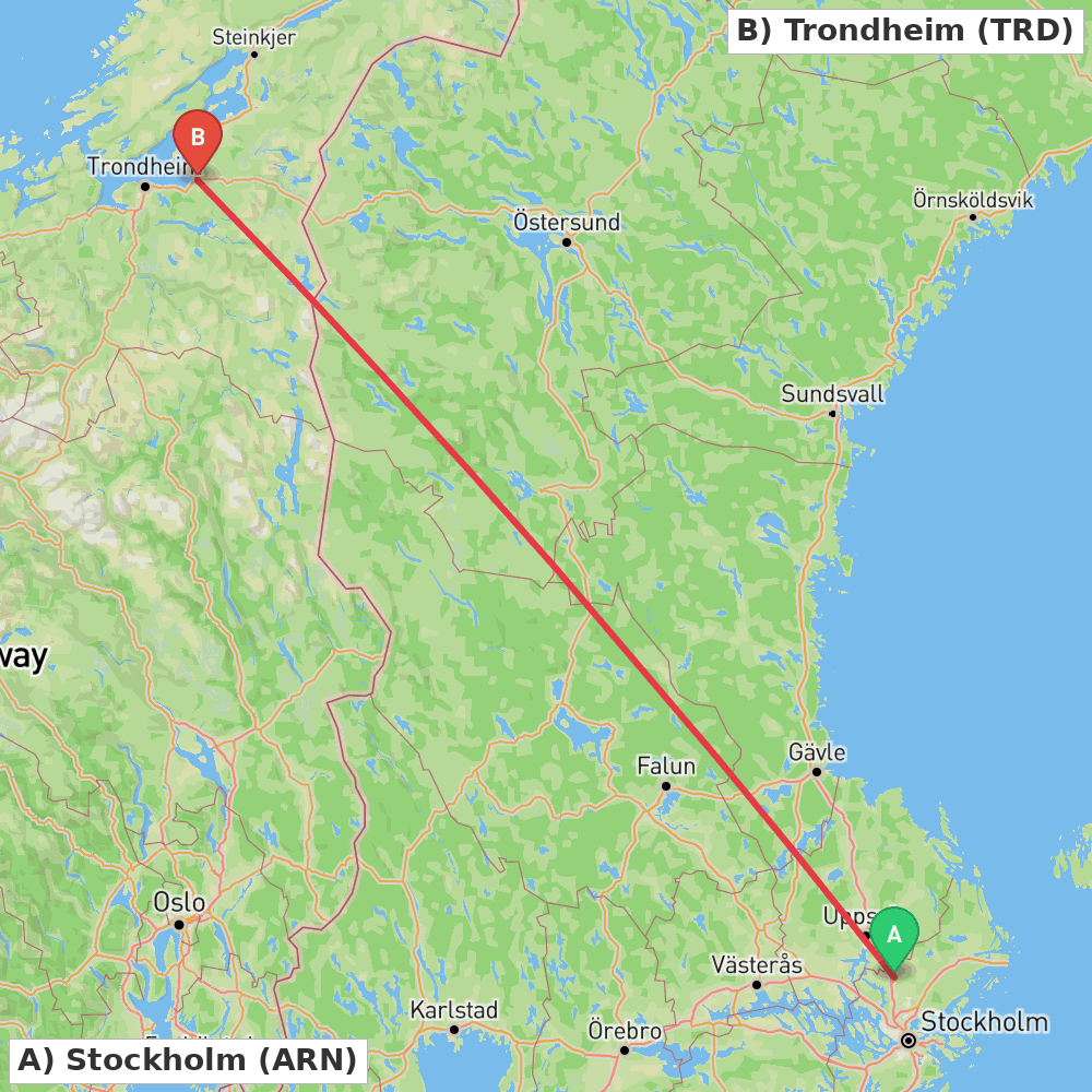 Flight route map from Stockholm to Trondheim