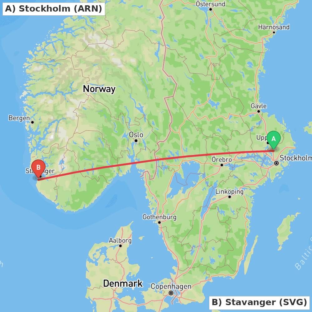 Flight route map from Stockholm to Stavanger