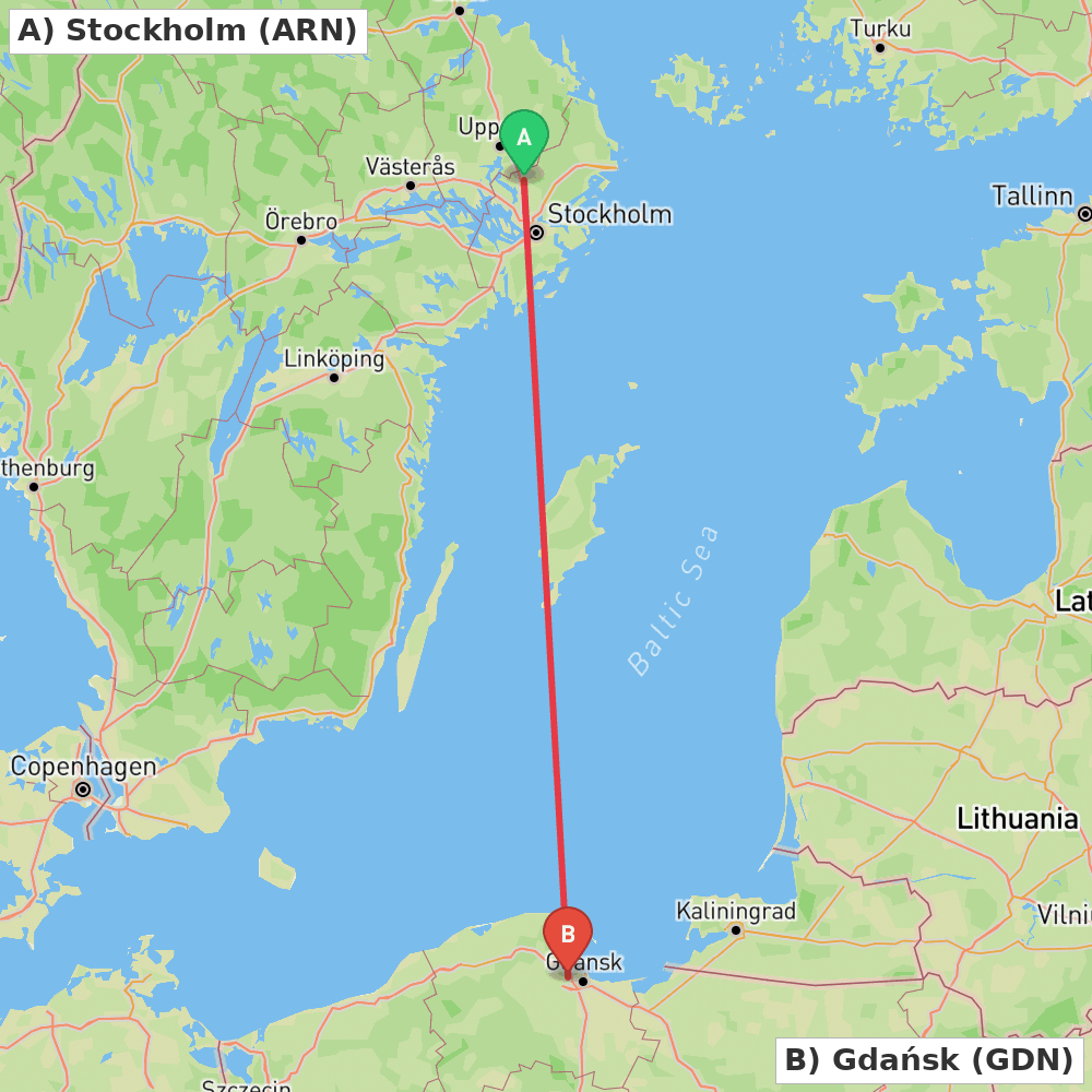 Flight route map from Stockholm to Gdańsk