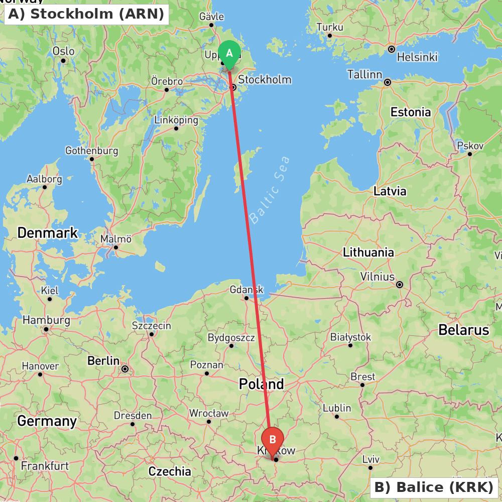 Flight route map from Stockholm to Balice