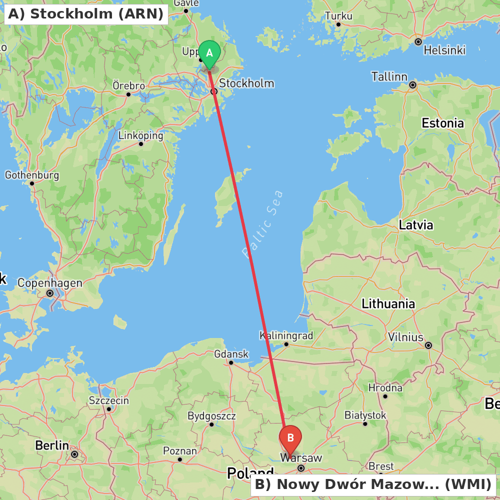 Flight route map from Stockholm to Nowy Dwór Mazowiecki