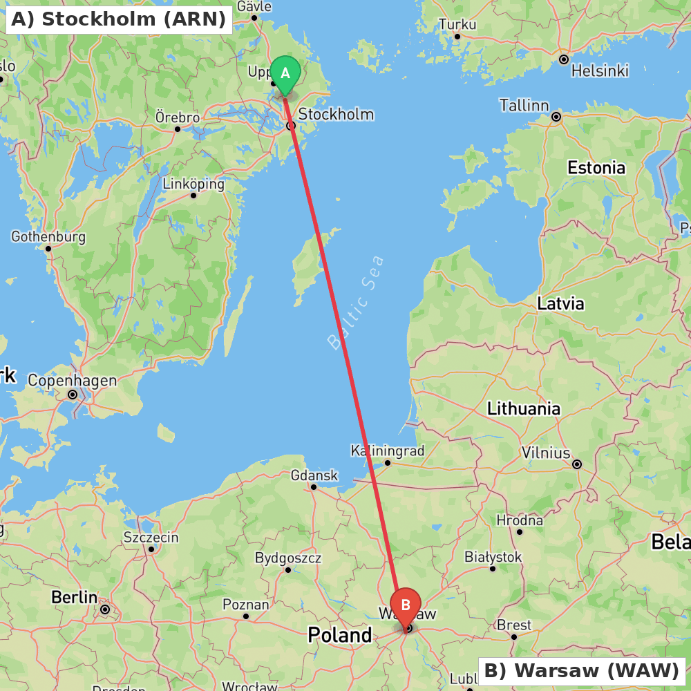 Flight route map from Stockholm to Warsaw