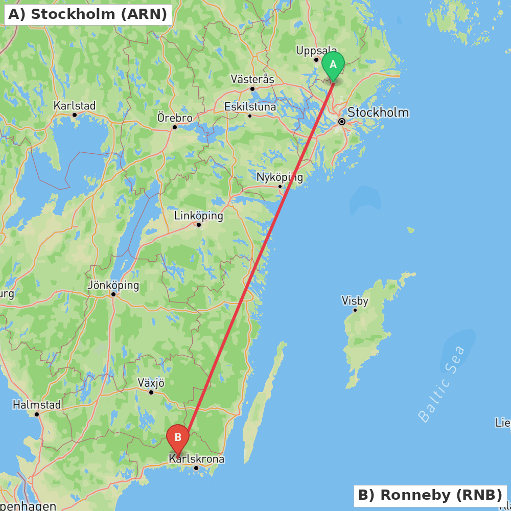 Flight route map from Stockholm to Ronneby