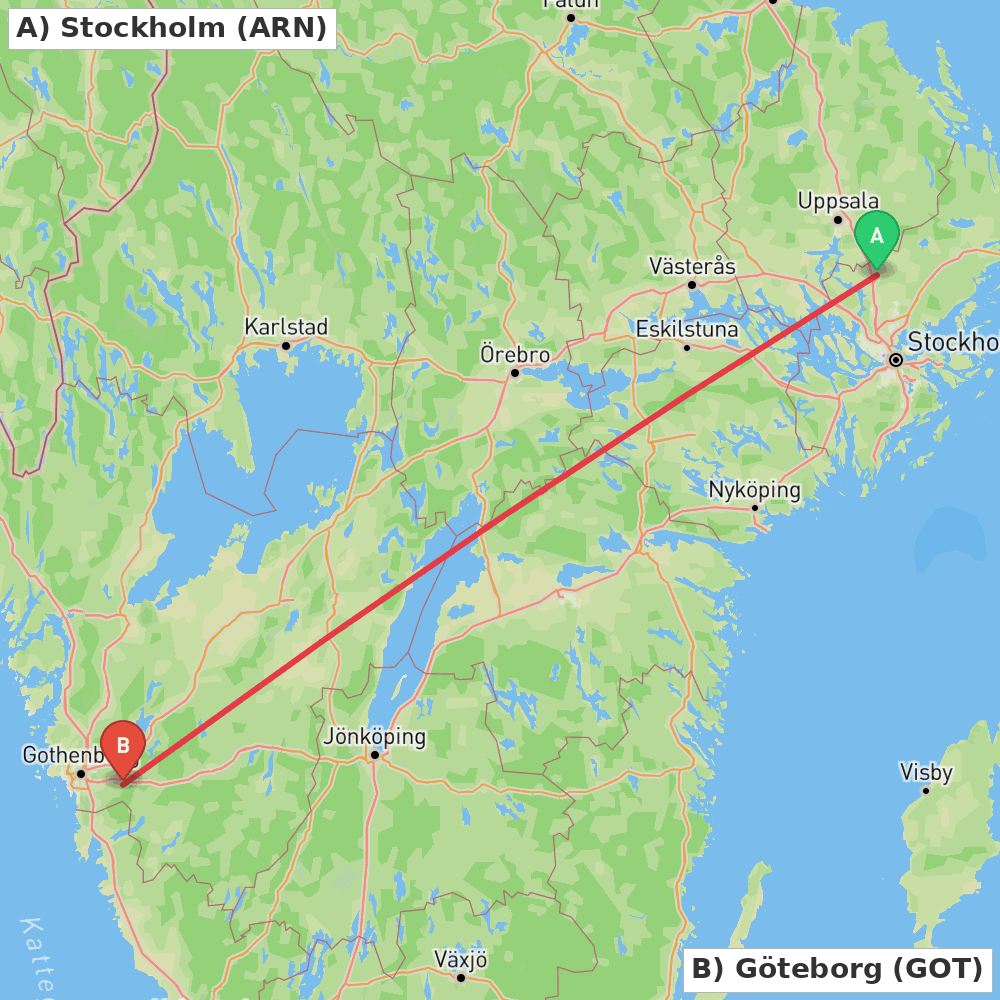 Flight route map from Stockholm to Göteborg