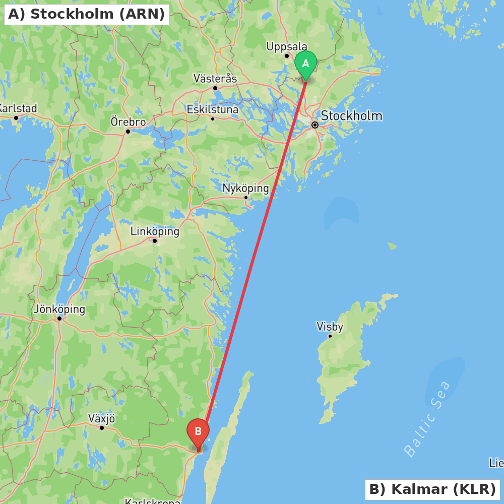 Flight route map from Stockholm to Kalmar