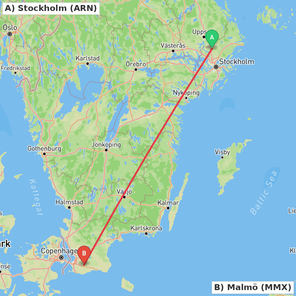 Flight route map from Stockholm to Malmö