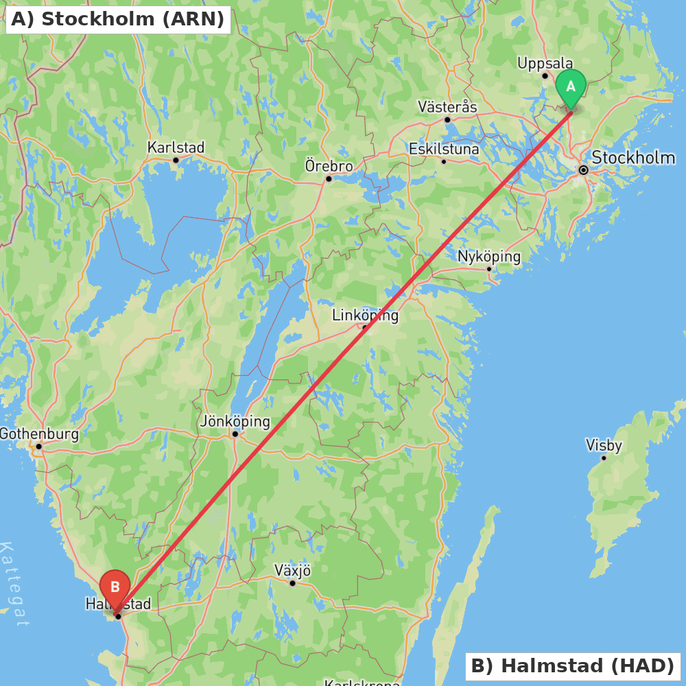 Flight route map from Stockholm to Halmstad