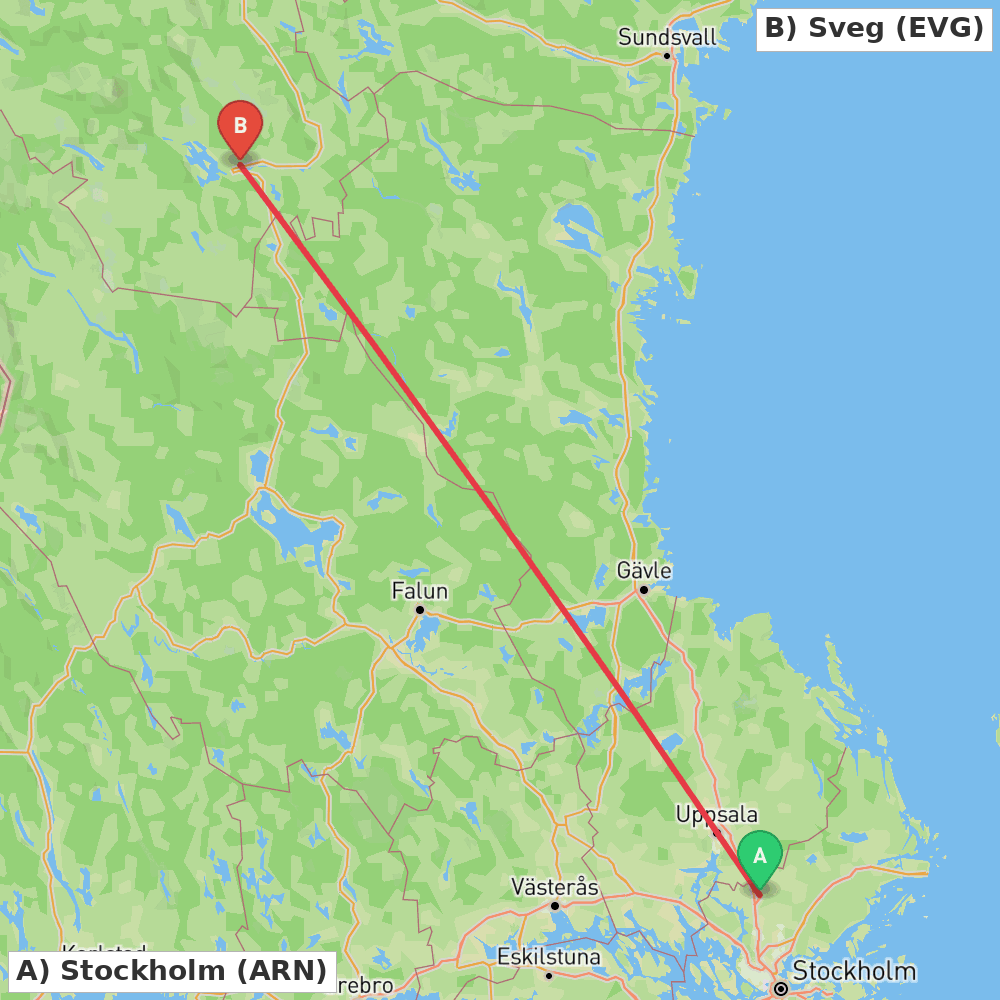 Flight route map from Stockholm to Sveg